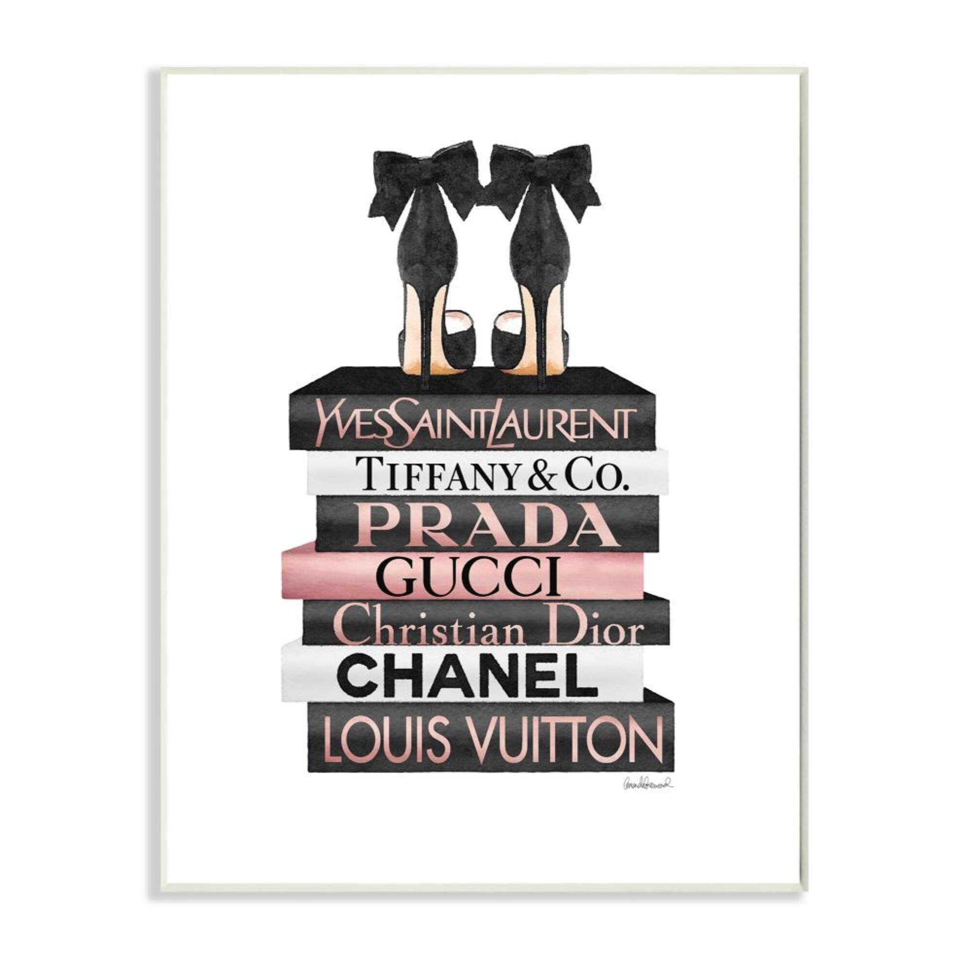 Stupell Industries Elegant Black Bow Heals on Glam Designer Bookstack Wood Wall Plaque